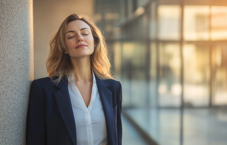 Professional woman standing calmly in a corporate corridor, eyes closed, practising grounding before a presentation with a conference room visible in the background