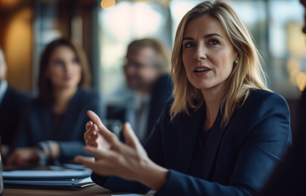Businesswoman in a navy blazer speaks and gestures at a meeting around a conference table.