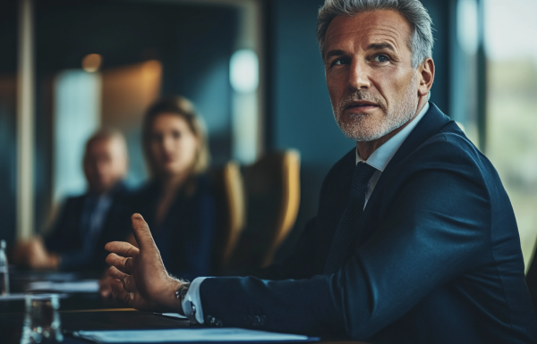 Senior executive responding confidently to a challenging question in a boardroom
