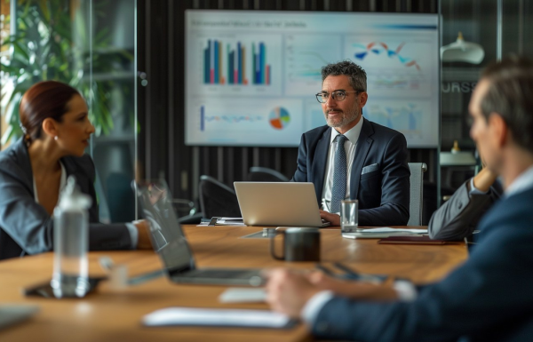 Executive presenting headcount request to leadership team with approval indicators