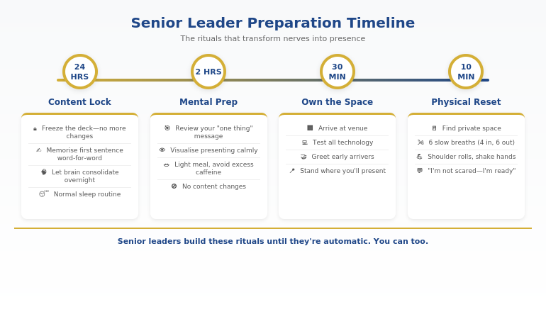 Senior leader preparation timeline showing what executives do 24 hours, 2 hours, and 10 minutes before high-stakes presentations