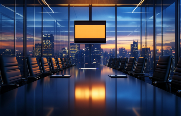 Executive boardroom with a single illuminated presentation slide visible on screen, navy and gold corporate lighting, high-stakes decision atmosphere