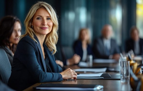 Female executive responding to a board question with composed authority at a polished conference table, steady eye contact with the questioner, corporate boardroom setting, navy and gold tones, editorial photography style
