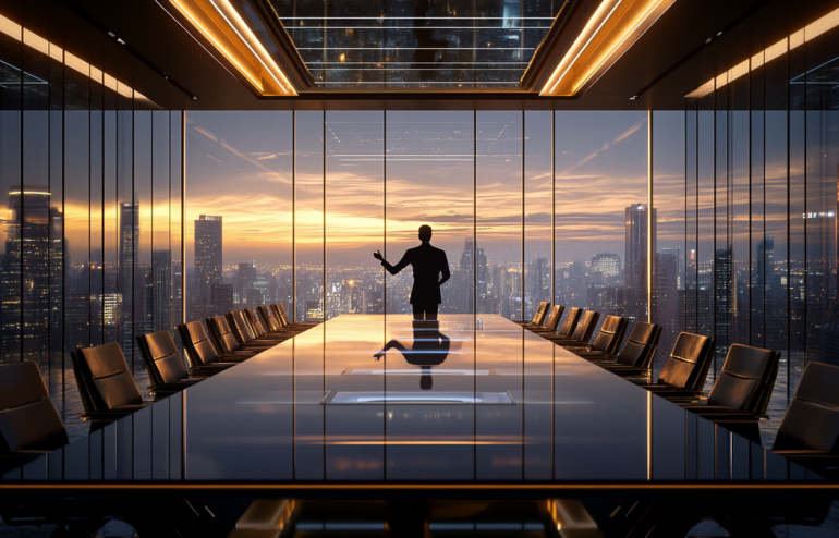 Corporate boardroom viewed from behind a presenter facing a challenging question from an executive across the table