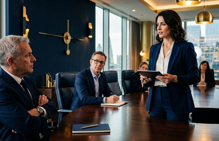 Hostile question handling course online — executive boardroom editorial photograph, navy and gold tones