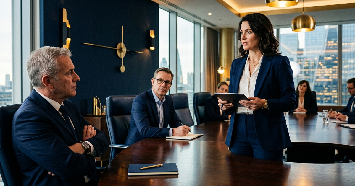 Senior executive holding composure during a hostile boardroom Q&A, navy and gold editorial photography, sceptical directors leaning in