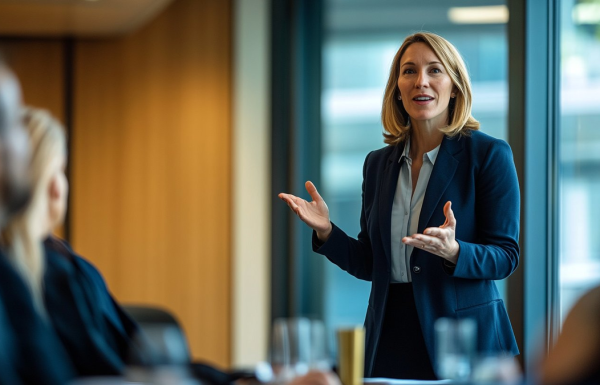 Woman in a navy blazer speaking to a group at a conference table by a window, gesturing with her hands.