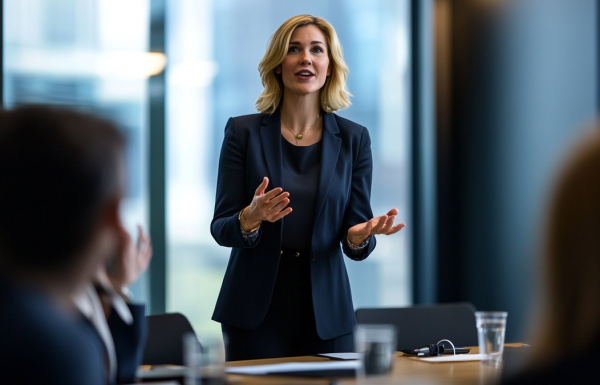 Professional woman in a navy blazer speaks to a meeting, gesturing with hands in a conference room.
