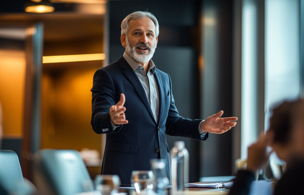 Older man in a navy suit speaks and gestures to a meeting group around a conference table.