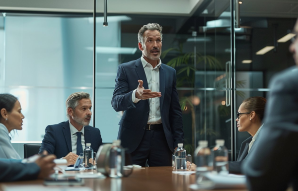 Executive confidently answering difficult question in boardroom presentation