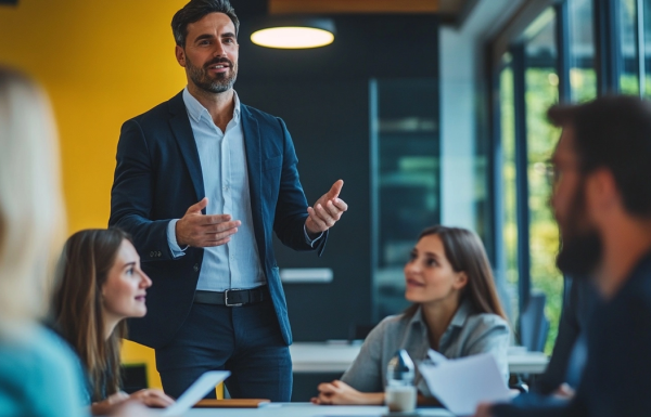 Professional preparing a polished board presentation on a laptop in a modern office, focused and confident, editorial photography style