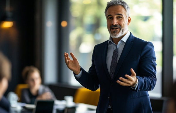 Businessman in a navy suit speaks to colleagues around a conference table, gesturing with his hands.