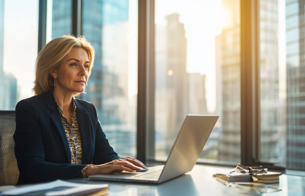 Businesswoman in a blazer typing on a laptop at a sunny office with city skyscrapers outside the window