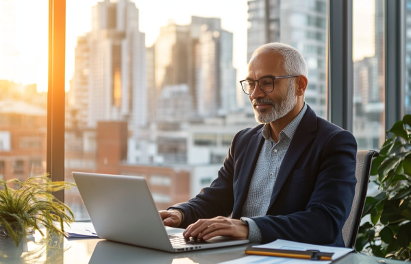 Older man with glasses and a gray beard typing on a laptop at a glass-topped desk in a bright office with a sunset cityscape outside the window.