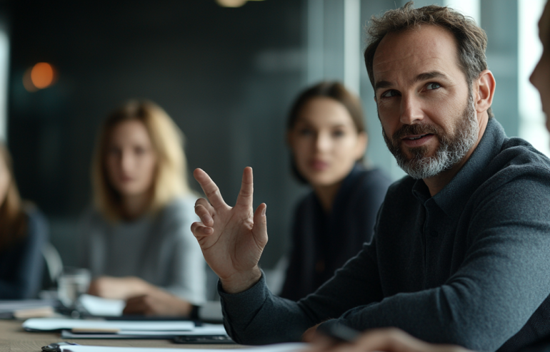 Professional man speaking in meeting with uncertain expression and open hand gesture, searching for words mid-sentence