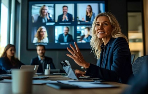 Female executive facilitating a hybrid meeting with colleagues on a large video screen and in-person attendees at the table, corporate boardroom setting