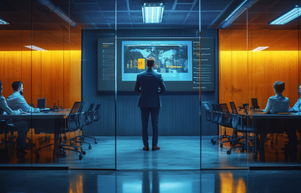 Executive presenting in a modern boardroom with remote participants visible on a large screen, split-audience hybrid meeting setup