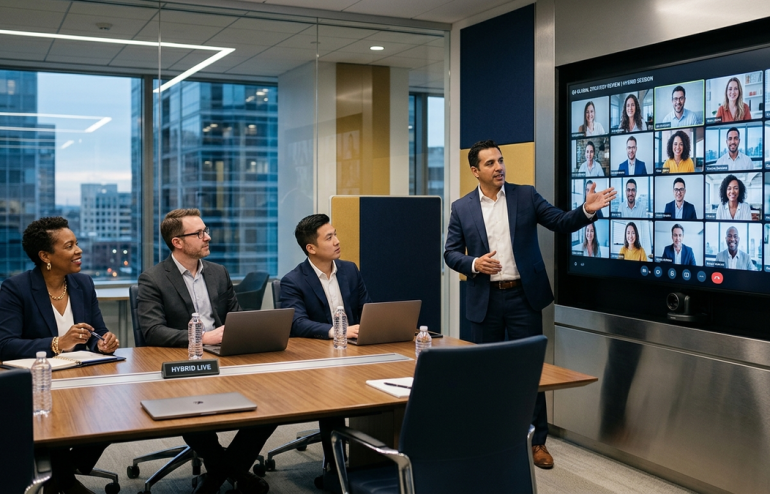 Business meeting in a glass-walled conference room; a man presents to a wall-mounted video conference grid of remote participants.