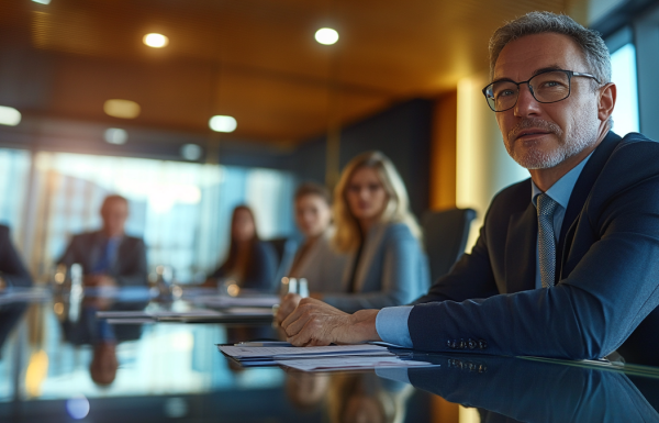 Investment committee member asking a pointed question to a presenter in a formal meeting room, navy and gold accents
