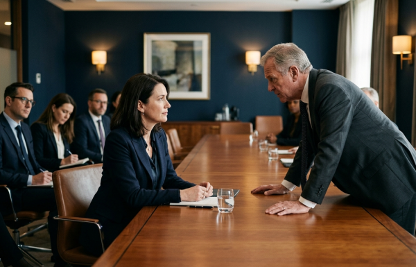 Businesswoman sits at a long conference table as a senior colleague leans in to discuss across from her in a boardroom setting.