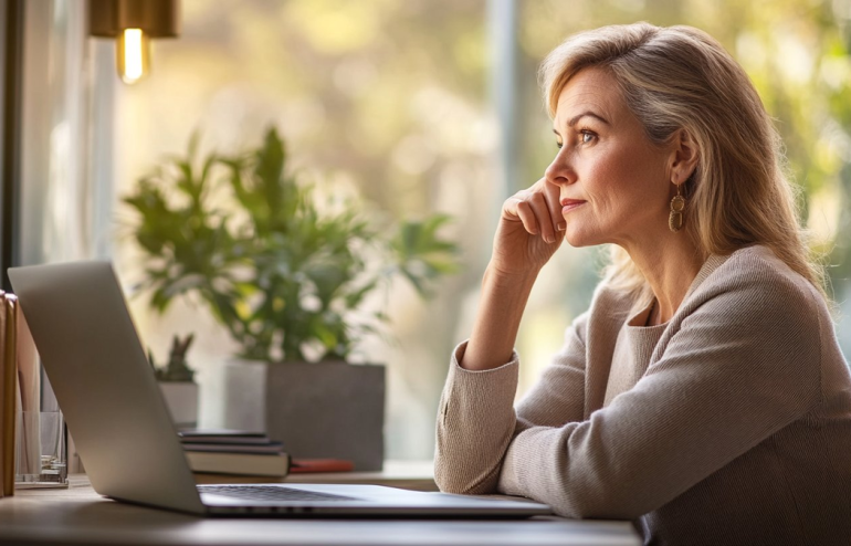 Mid-aged woman sits at a desk with an open laptop, resting her chin on her hand and gazing out a window, thoughtful.