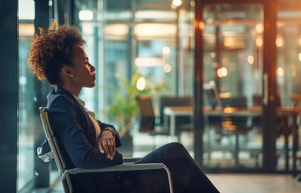 Professional sitting alone in quiet reflection before a high-stakes presentation — imposter syndrome moment in modern office