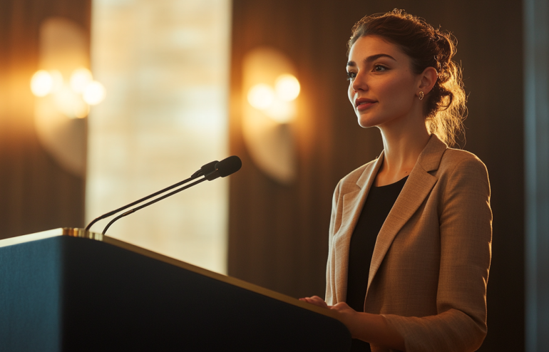Professional woman standing at a podium looking composed but internally conflicted, corporate presentation setting, editorial photography