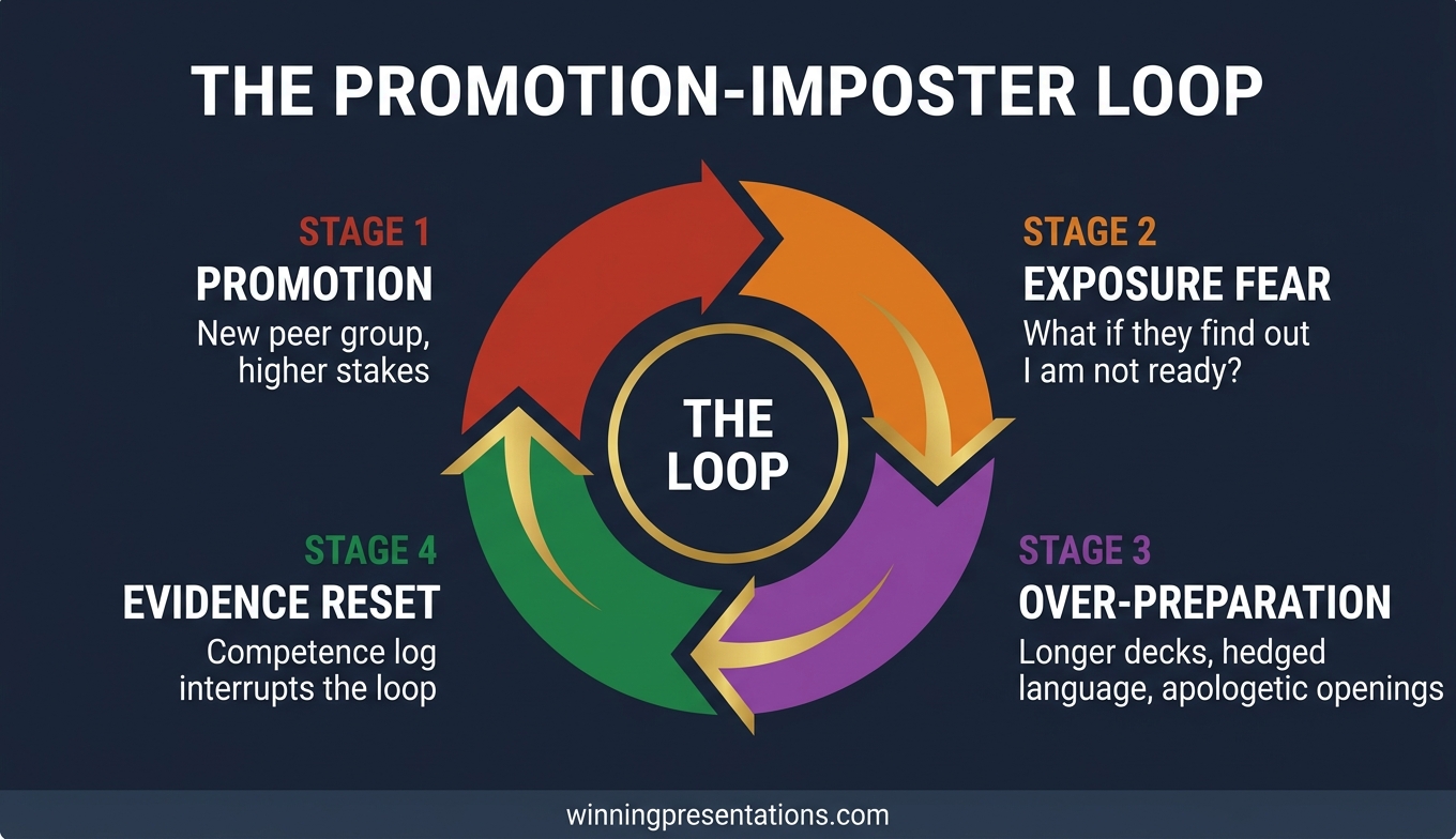 Four-part framework showing how promotion intensifies imposter syndrome through peer-group shift, higher stakes, loss of mentor-above, and fraud-detection anxiety in board presentations