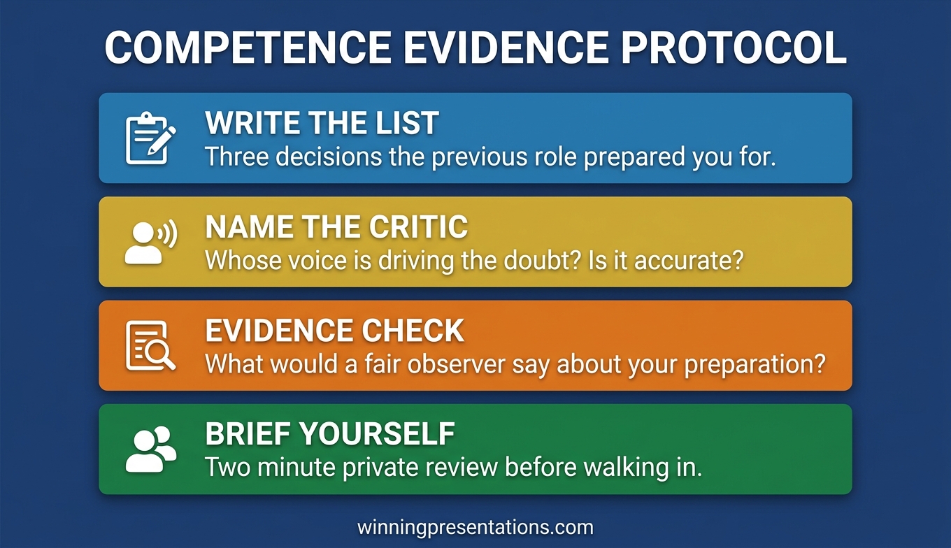 Four-step competence-evidence protocol for reducing imposter syndrome before board presentations showing appointment evidence, track record, hardest questions, and minimum successful outcome