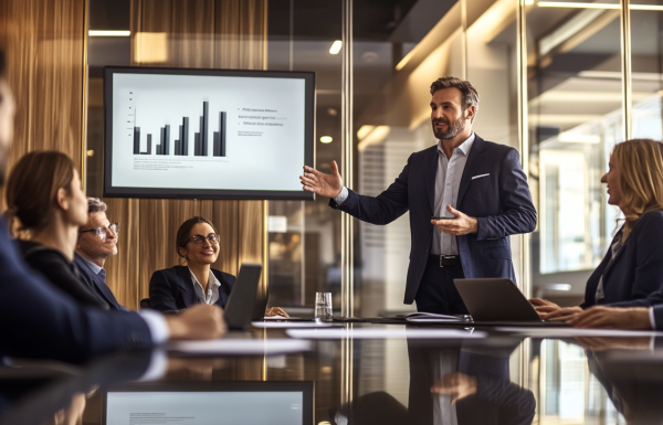 Executive presenting innovation proposal to traditional corporate board using protective framing language