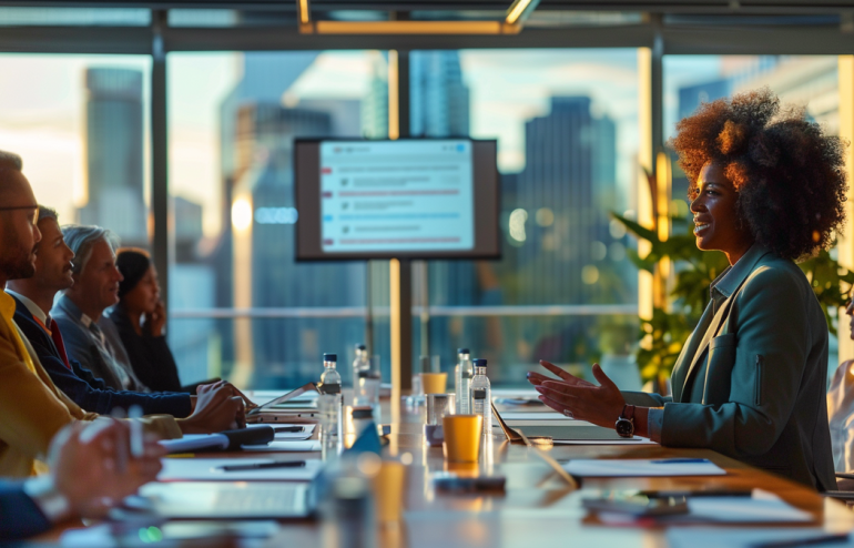 Professional woman presenting to a diverse international executive group in a high-rise boardroom — cross-cultural business presentation in progress