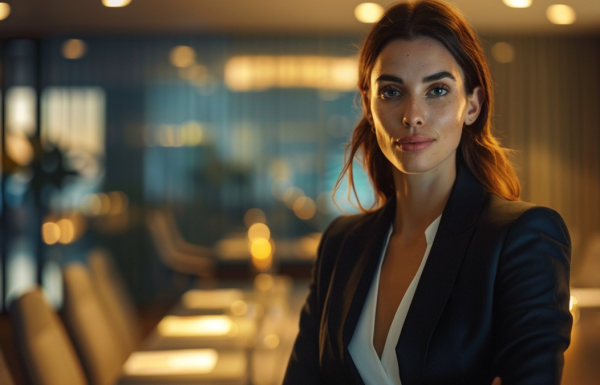 Executive woman with quiet confidence standing in boardroom — introvert presentation advantage