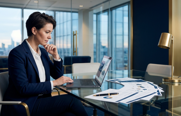 Founder reviewing an investor pitch deck on a laptop in a glass-walled meeting room, navy and gold editorial photography