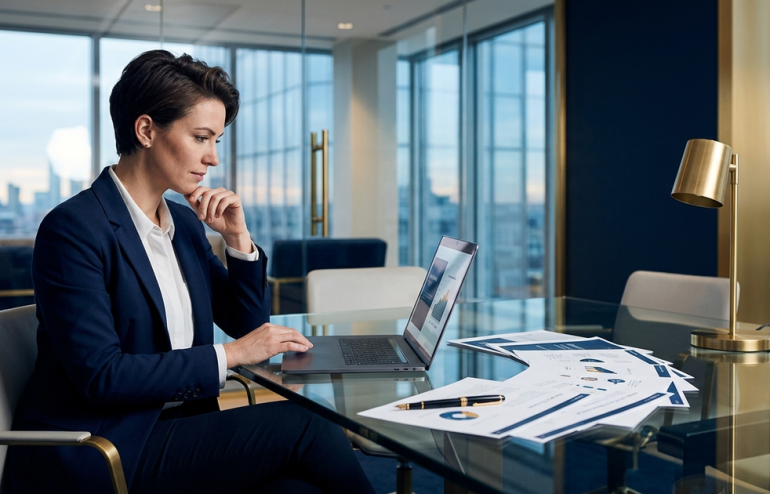Founder reviewing an investor pitch deck on a laptop in a glass-walled meeting room, navy and gold editorial photography