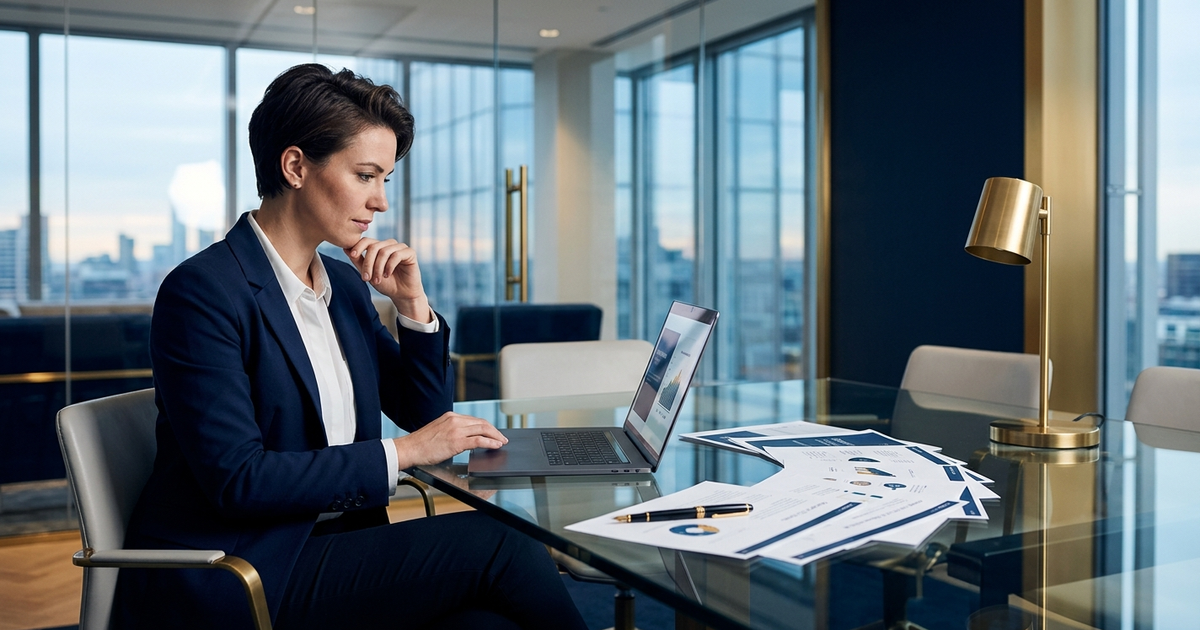Founder reviewing an investor pitch deck on a laptop in a glass-walled meeting room, navy and gold editorial photography