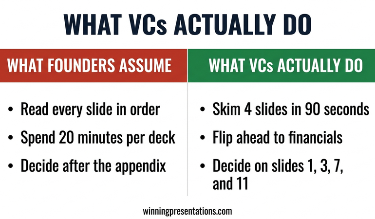 Vertical card layout infographic showing the five middle slides of an investor pitch deck: product, how it works, traction with a single headline metric, business model with unit economics and competition with a wedge positioning
