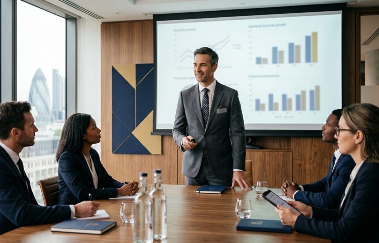 Confident male CFO in a charcoal suit presenting at the head of a modern boardroom table to a group of institutional investors