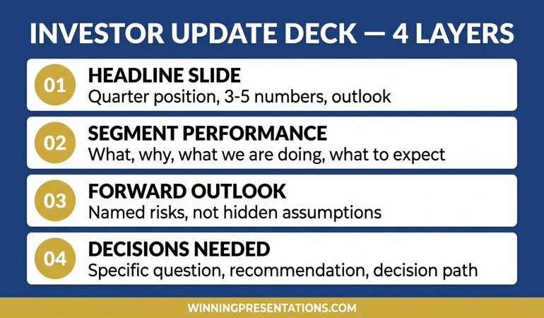 Stacked cards infographic showing the four-layer structure of an investor update deck: headline slide, segment performance, forward outlook, and decisions needed