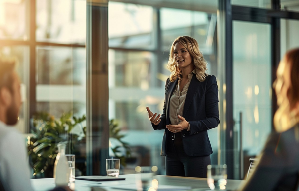 Professional woman standing at head of boardroom table presenting to interview panel, navy blazer, confident open hand gesture, warm golden lighting