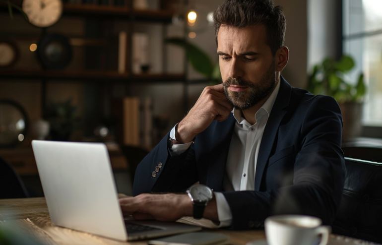Executive focused at laptop building a presentation under time pressure, navy blazer, warm office lighting, coffee on desk