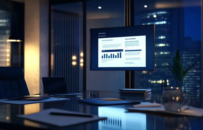 Professional preparing a career proposal presentation with a five-slide framework visible on screen in a modern office