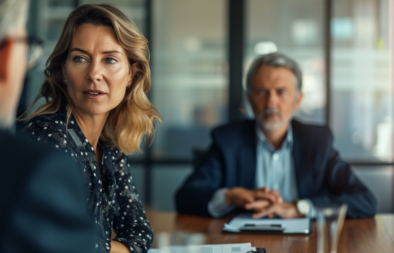 Professional woman at a boardroom table holding composed focus while facing a question from a male executive — Q&A under pressure