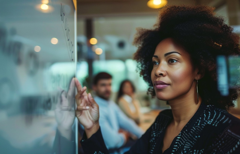 Professional pausing mid-presentation at glass whiteboard, finger on content, composed and thoughtful expression, colleagues visible in background
