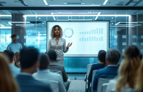 Executive presenting M&A integration update to large team in modern corporate setting