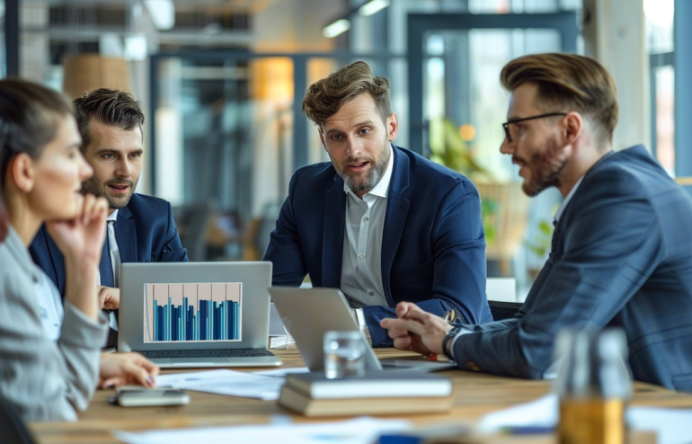 Executive leading a focused meeting with engaged colleagues and data on laptop screen