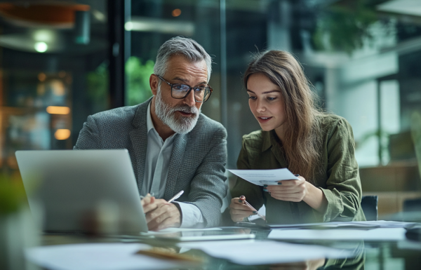 A senior executive man reviewing presentation slides at a table with a younger professional woman, warm collegial setting, glass office background, mentorship context, editorial photography style