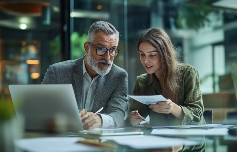 A senior executive man reviewing presentation slides at a table with a younger professional woman, warm collegial setting, glass office background, mentorship context, editorial photography style