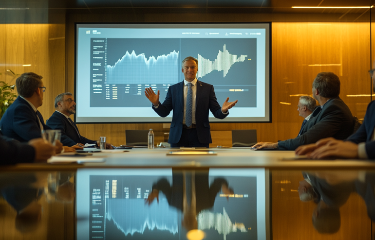 Senior executive presenting M&A deal rationale to corporate board members in a modern glass boardroom with presentation screen showing financial charts