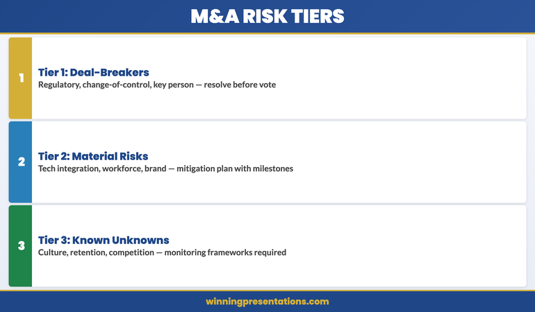 Three-tier integration risk framework for M&A board presentations showing deal-breaker, material, and known-unknown risk categories