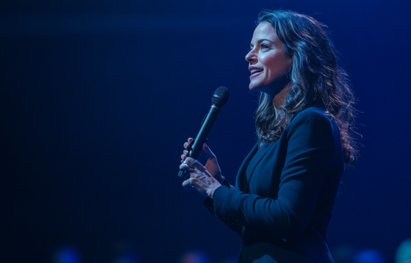 Female executive presenting confidently on a large conference stage holding a handheld microphone, professional lighting, large audience visible, editorial photography style
